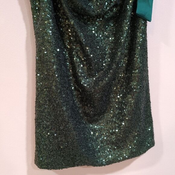 Jennifer Lopez Women L Sequin Cowl Neck Drape Top Shoulder Bow Tie Emerald Green - Picture 3 of 10